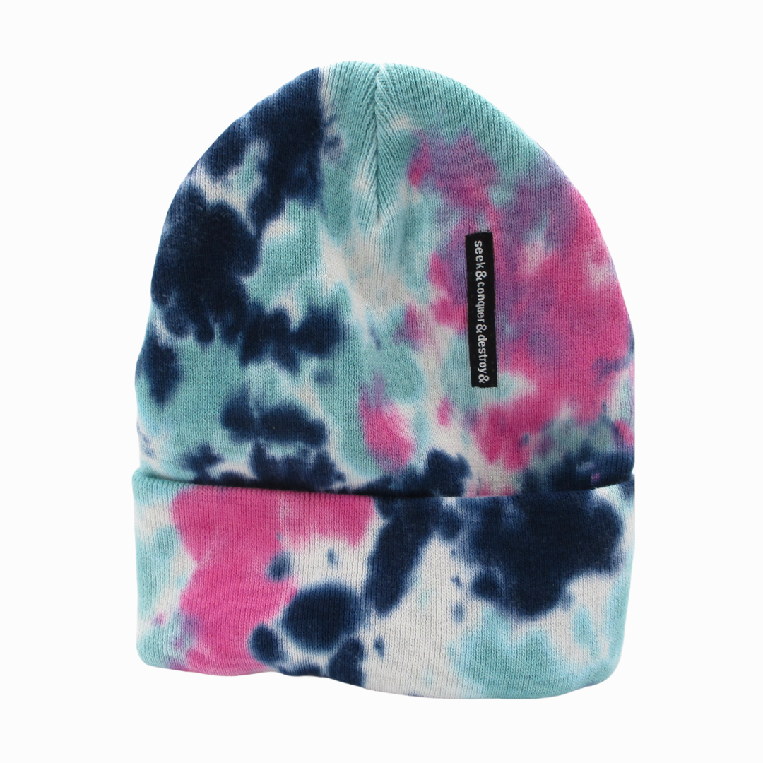 Tye Dye beanies Seek Conquer & Destroy brand