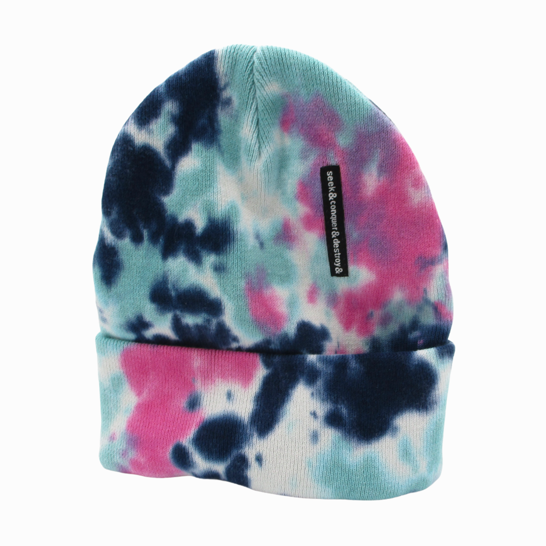 Tye Dye beanies Seek Conquer & Destroy brand